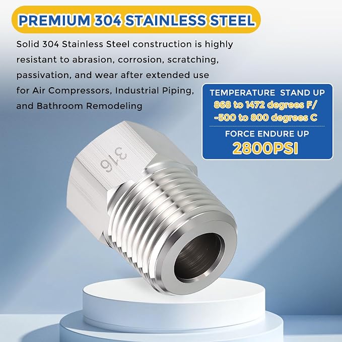 5 Pack SUS316 3/8" Male NPT to 1/4" FeMale NPT Hex Bushing Reducer | 316 Stainless Steel Pipe Fittings, Hose Tube Threaded Adapters with Sealing Tape for Air, Oil, LP, Gas, Fuel, Water