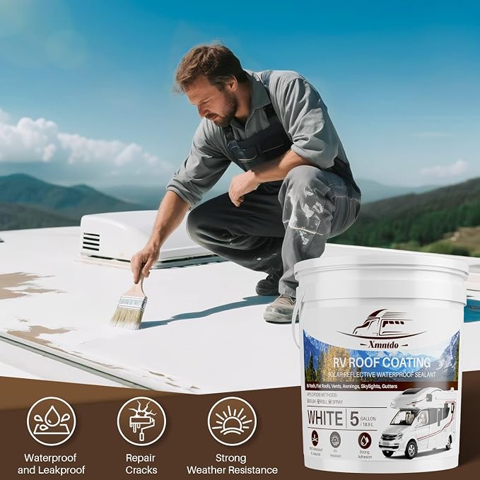 RV Roof Coating White 5 Gallon, Waterproof Solar Reflective Flexible RV Roof Sealant for Campers, Travel Trailers, Motorhomes, Roofs Leak Repair and Maintenance