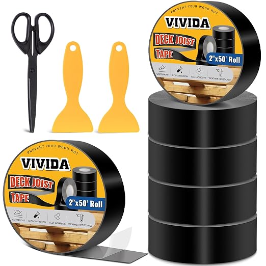 VIVIDA 2 in × 50 Ft Joist Tape for Decking 6 Roll, Deck Joist Butyl Tape | Waterproof Black Deck Joist Butyl Seal Tape, For Wood Beams, Roof, Accessories Included