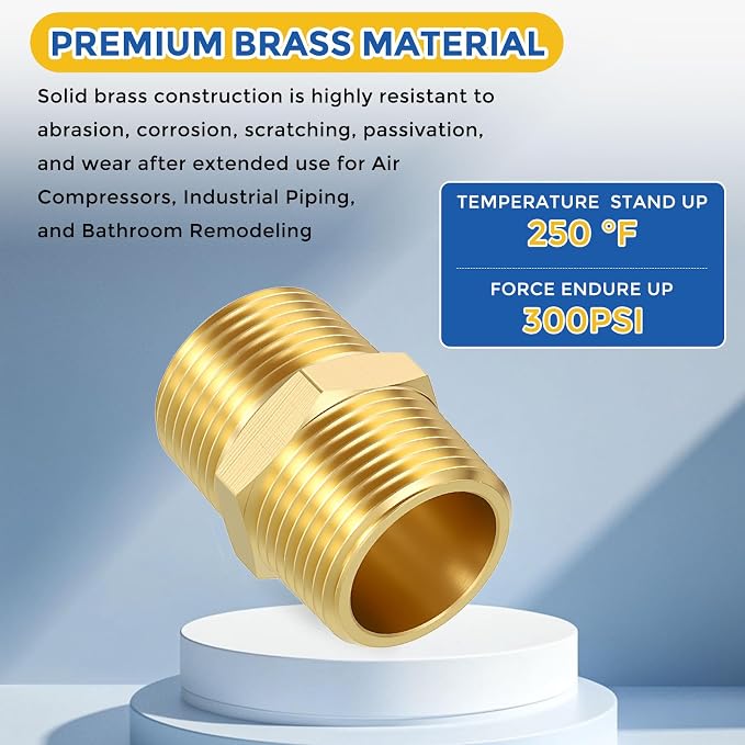 5 Pack Brass Pipe Fittings, 3/4" Male NPT to 3/4" Male NPT | Brass Hex Nipple, Male Pipe Adapter Reducer for Air, Oil, LP