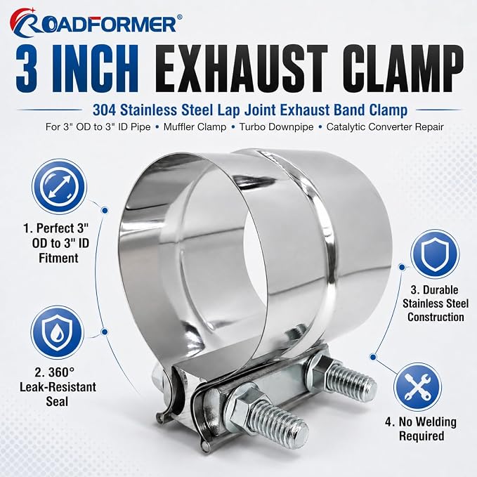 3 inch Exhaust Clamp, 304 Stainless Steel Lap Joint Band Clamps (2 Pack) | ROADFORMER 3 exhaust clamp for 3" OD to 3" ID Pipe, Muffler, Turbo Downpipe, Catalytic Converter Repair