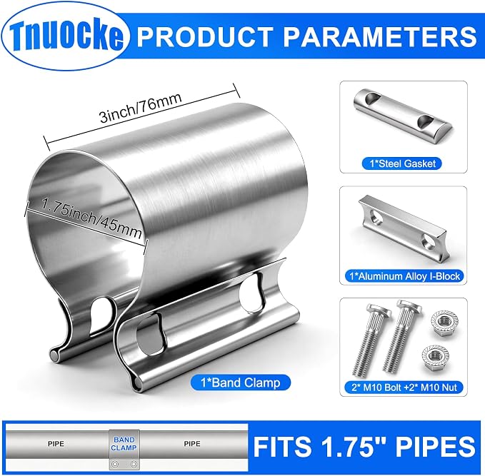 1.75 Inch Exhaust Clamp,Butt Joint Band Clamp Sleeve Coupler | 304 Stainless Steel Exhaust Band Clamp With 360° Seal Pipes 10.9 High Strength Bolt for Pipes,Mufflers,Catalytic Converters