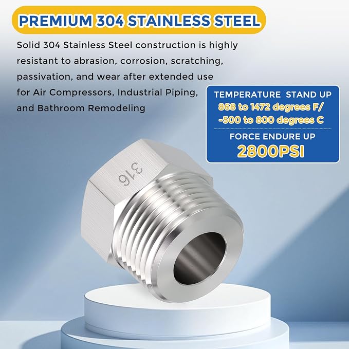 5 Pack SUS316 3/4" Male NPT to 3/8" FeMale NPT Hex Bushing Reducer | 316 Stainless Steel Pipe Fittings, Hose Tube Threaded Adapters with Sealing Tape for Air, Oil, LP, Gas, Fuel, Water