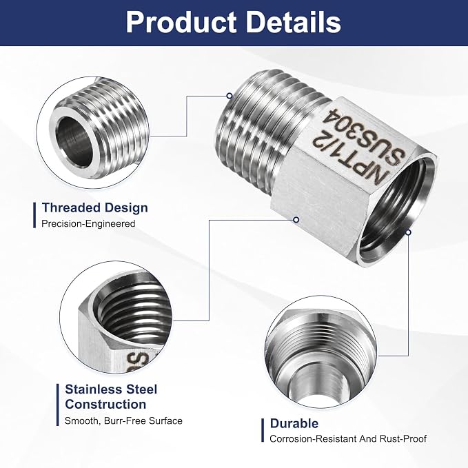 M METERXITY 2-Pack Garden Hose Adapter, Stainless Steel 1/2" NPT Female x 1/2" NPT Male Threaded Connector with Sealing Tape Garden Hose Convert Fitting for Pipe Fitting/Shower