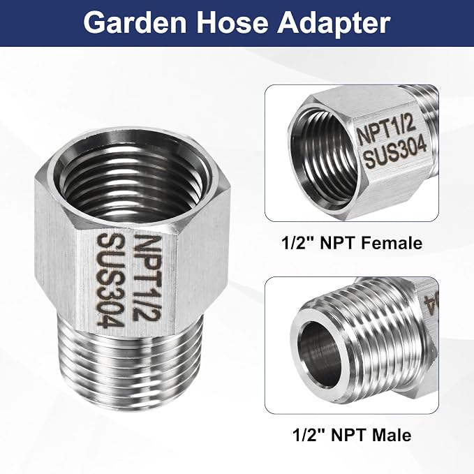 M METERXITY 2-Pack Garden Hose Adapter, Stainless Steel 1/2" NPT Female x 1/2" NPT Male Threaded Connector with Sealing Tape Garden Hose Convert Fitting for Pipe Fitting/Shower