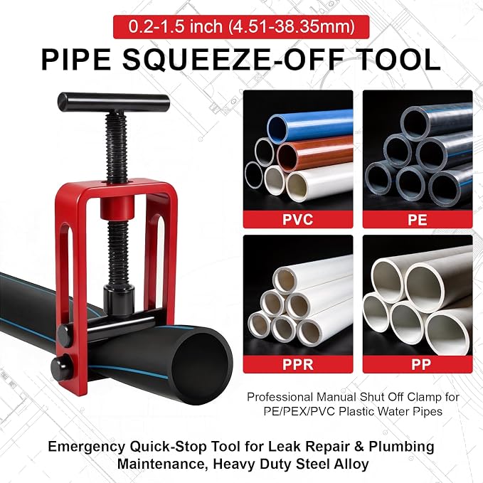 Water Shut Off Tool, Manual Emergency Pipe Clamp for PEX PVC PE | Heavy duty steel water main shut off tool. 0.2 to 1.5 inch manual pipe tool for emergency plumbing & field maintenance