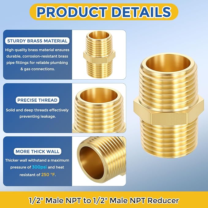 3 Pack Brass Pipe Fittings, 1/2" Male NPT to 1/2" Male NPT | Brass Hex Nipple, Male Pipe Adapter Reducer for Air, Oil, LP