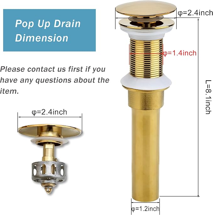 Rockgoya Bathroom Sink Drain, 5 Pack Gold Drain Stopper Bathroom Sink Without Overflow, Pop Up Drain Assembly with Detachable Strainer Basket, Built-in Anti-Clogging Strainer,Stainless Steel