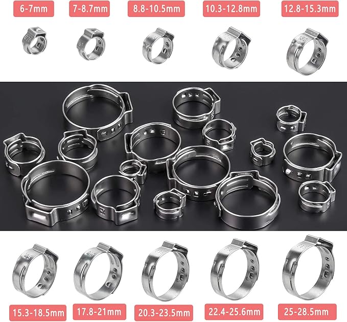 40 Pack 25.4mm-28.6mm Single Ear Hose Clamps Stainless Steel PEX Cinch Clamps Crimp Hose Clamp Stepless Cinch Crimp Rings Pinch Fitting Tools