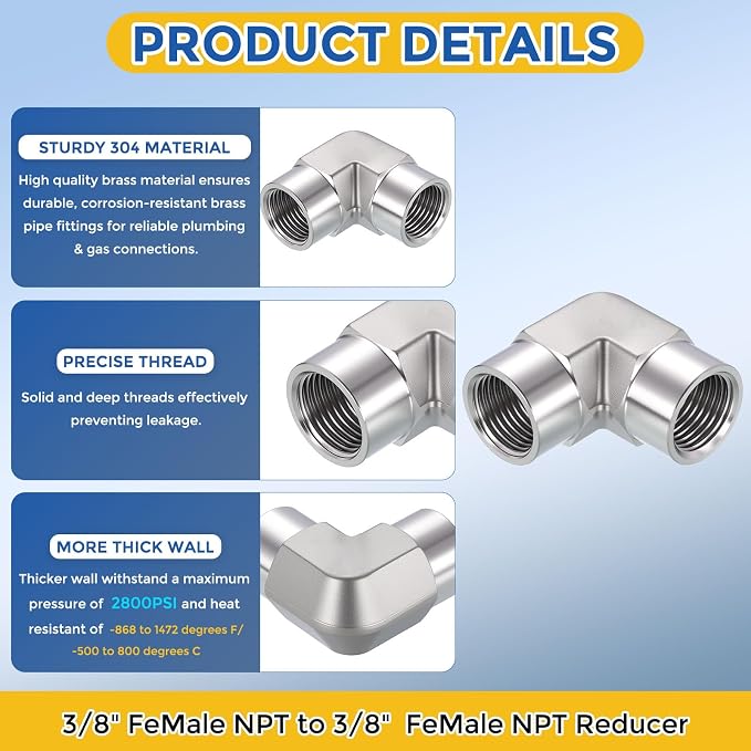 2 Pack SUS316 90 Degree 3/8" FNPT to 3/8" FNPT Barstock Street Elbow | 316 Stainless Steel Pipe Fittings, Forged Pipe Fitting Connector with Sealing Tape for Air, Oil, LP, Gas, Fuel, Water