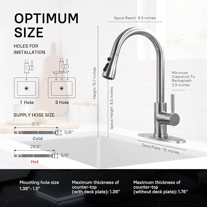 WEWE High-Arc Pull-Down Kitchen Faucet, Brushed Nickel, 3-Mode Sprayer