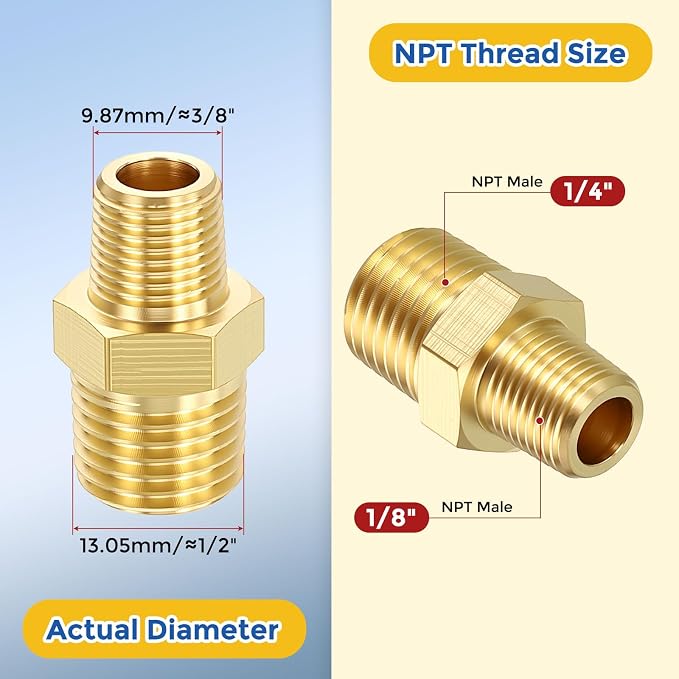 10 Pack Brass Pipe Fittings, 1/4" MNPT to 1/8" Male NPT | Brass Hex Nipple W/ Sealing Tape, Male Pipe Adapter Reducer for Air, Oil, LP, Gas