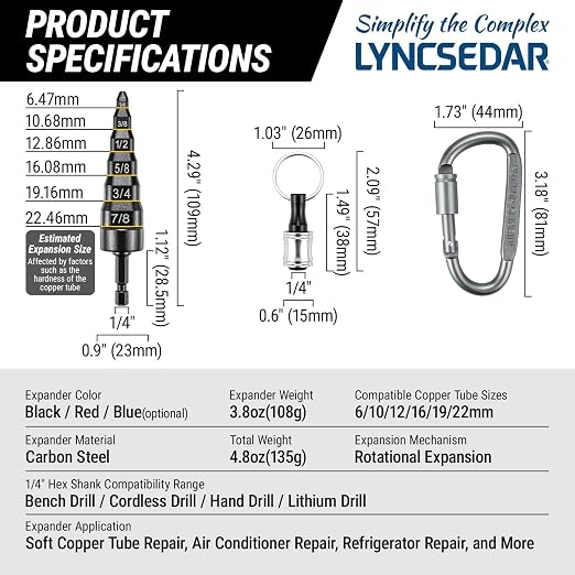 6-in-1 Copper Swedge Tool HVAC, Black Soft Tube Expander, Carbon Steel, Bit Holder, No.8 Flat Carabiner, Swaging Tool Set for Drill, Swage Repair Kit for 1/4 3/8 1/2 5/8 3/4 7/8 Pipe