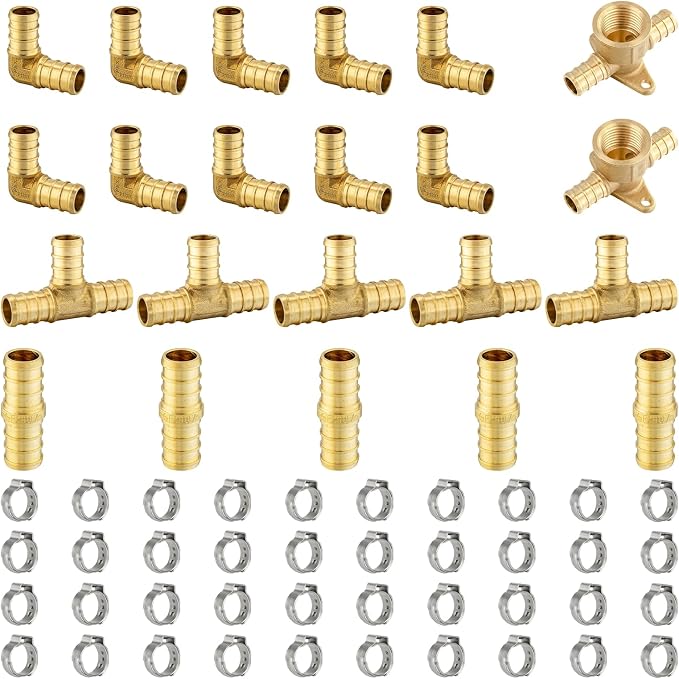 62 Pack Foskan 1/2 Inch PEX Barb Crimp Fittings Set | Includes 10pcs Elbows, 5pcs Tees, 5pcs Couplings,2pcs Drop Ear Elbows,And 40pcs Clamp rings,for PEX Plumbing Tubing