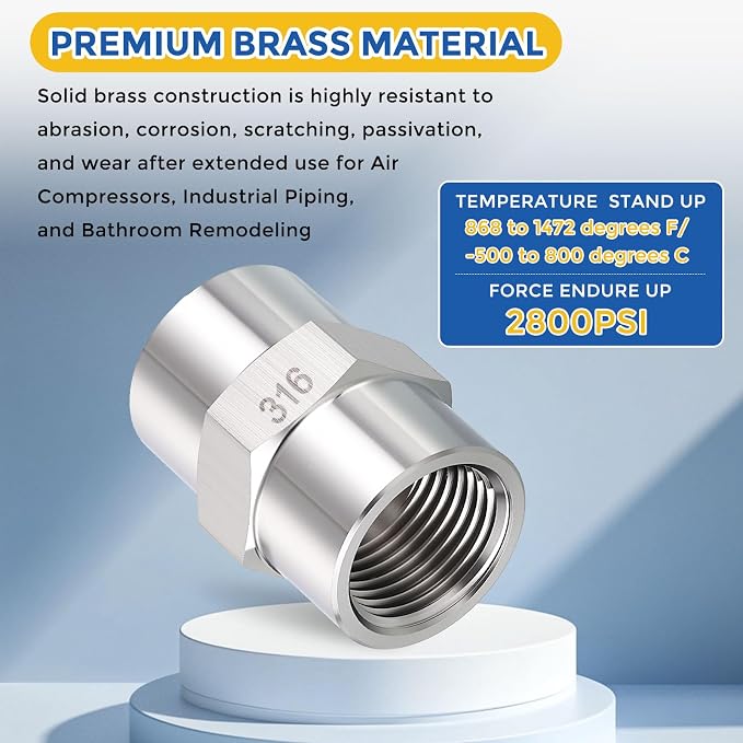 5Pack 1/4" FeMale NPT to 1/8" FeMale NPT 316 Stainless Steel Coupling | 316 Stainless Steel Pipe Fittings, Coupler Hex Head Connector with Sealing Tape for Air, Oil, LP, Gas, Fuel, Water