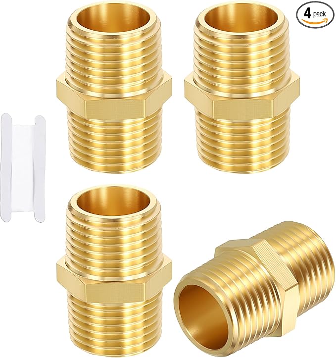 4 Pack Brass Pipe Fittings, 1/2" MNPT to 1/2" Male NPT | Brass Hex Nipple W/ Sealing Tape, Male Pipe Adapter Reducer for Air, Oil, LP, Gas