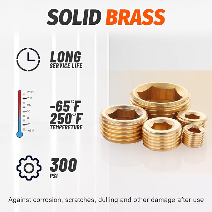 20PCS Brass Pipe Fitting Socket Plugs Kit,1/8" 1/4" 3/8" 1/2" NPT | Male Internal Hex Thread Socket Plug Fittings Assortment Kit,4 Sizes