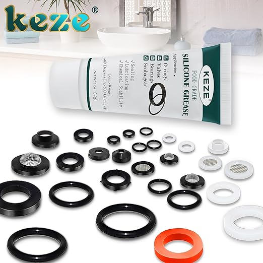 KEZE 96 PCS 10 Size Faucet Washers Assorted Kit and 1 oz 1-Pack Silicone Grease for DIY Outdoor Faucets Stem Leak Worn Out Seal Repair