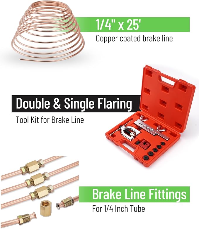 25 ft 1/4" Copper Coated Brake Line Kit (Includes 16 Fittings and 4 Unions Brake Line Fittings) + Brake Line Double & Single Flaring Tool Kit | Includes 16 Fittings, 4 Unions, Double & Single Flaring Tool For Automotive Brake Line System Transmission H...