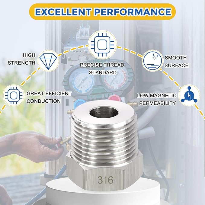 5 Pack SUS316 3/4" Male NPT to 1/4" FeMale NPT Hex Bushing Reducer | 316 Stainless Steel Pipe Fittings, Hose Tube Threaded Adapters with Sealing Tape for Air, Oil, LP, Gas, Fuel, Water