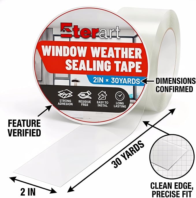 ETERART Transparent Weatherproof Seal Tape for Rain Leaks, 2" x 30Yds | Heavy Duty Adhesive for Winter Drafts, No-Residue Weather Stripping for RVs, Windows, Doors & Renters, easy tear