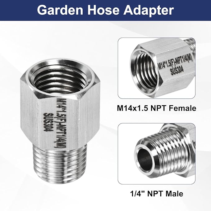 M METERXITY 2-Pack Garden Hose Adapter, Stainless Steel M14x1.5 NPT Female x 1/4" NPT Male Threaded Connector with Sealing Tape Garden Hose Convert Fitting for Pipe Fitting/Shower