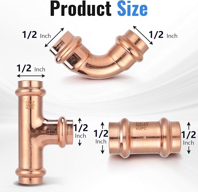 (15-Pack YVSKM) 1/2" Press Fittings Assortment Kit – 5 Tee + 5 Coupling + 5 Elbow with Stop, Zero Lead, Fits 1/2 Inch Pipe Systems for Water Lines, Heating Loops, Repair & Upgrade Projects