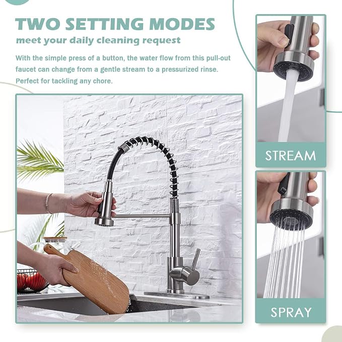WEWE High Arc Pull-Down Kitchen Faucet, 2-Mode Sprayer, Brushed Nickel