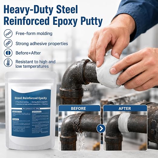 Steel Reinforced Epoxy Putty,Strong Clay Iron Adhesive,Waterproof 2-Part Repair Clay,High Strength Epoxy Clay,Multi-Purpose Filler Putty for Cracks Holes Pipes, Drillable Sandable Paintable (1pcs)