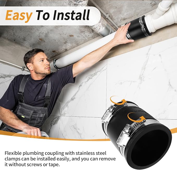 Flexible PVC Pipe Coupling with Rubber Hose Clamps for Flex Coupling 1-1/4 Inch Nominal Pipes Drain Repair, Dust Hose,Plumbing Connection,Cast Iron,Plastic Pipes Upgrade, PVC Condensate Pipe Coupler ﻿