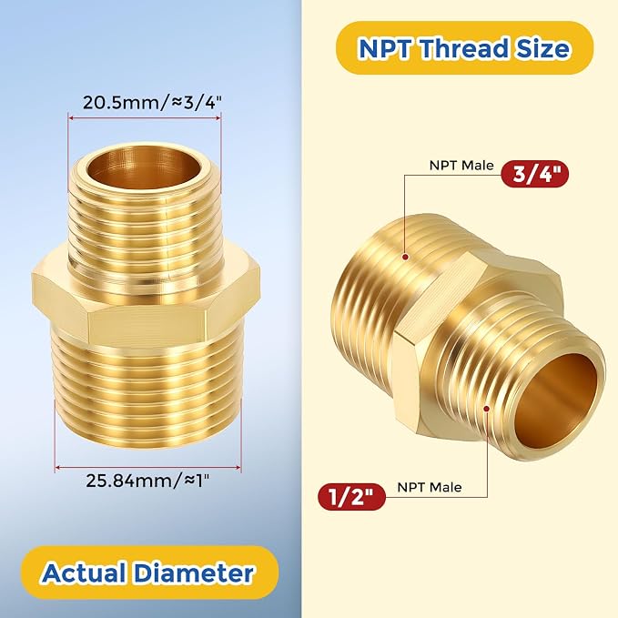 2 Pack Brass Pipe Fittings, 3/4" MNPT to 1/2" Male NPT | Brass Hex Nipple W/ Sealing Tape, Male Pipe Adapter Reducer for Air, Oil, LP, Gas