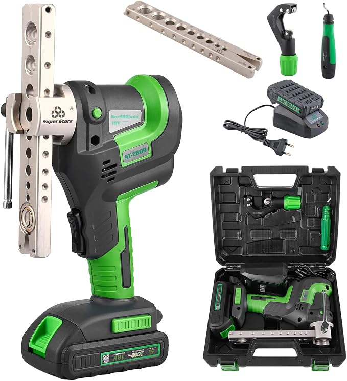Super Stars Cordless Electric Flaring Tool Kit, 1/4"–3/4" HVAC Copper Pipe Flare Tool with 45° Eccentric Cone, Metric & SAE Clamps, Deburring & Cutter Tools