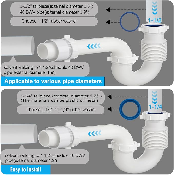(1 Pack-White) eflyefly 1-1/2 inch P Trap Kitchen Bathroom Sink Drain Kit with Adjustable Bend Pipe