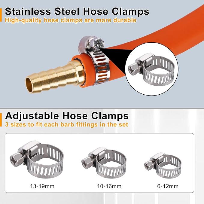 48PCS Brass Hose Barb Splicer Mender Fittings with Pipe Clamp | 1/8" 3/16" 1/4" 5/16" 3/8" 1/2" 5/8" 3/4" Barbed Fitting with 96Pcs Stainless Steel Hose Clamps for Air/Fuel/Water/Oil Hose