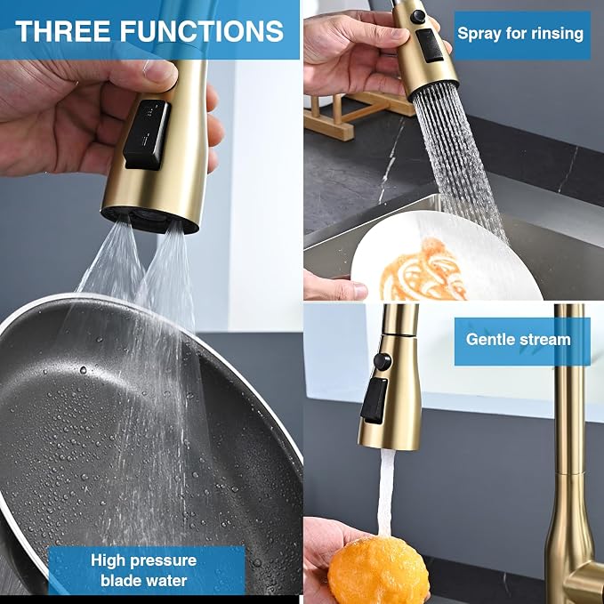 Metal Kitchen Faucet Head Replacement, 3 Functions Kitchen Faucet Head High Pressure, Brushed Gold Pull Down Kitchen Sink Sprayer Replacement with 9 Adapters Compatible with Most Faucets