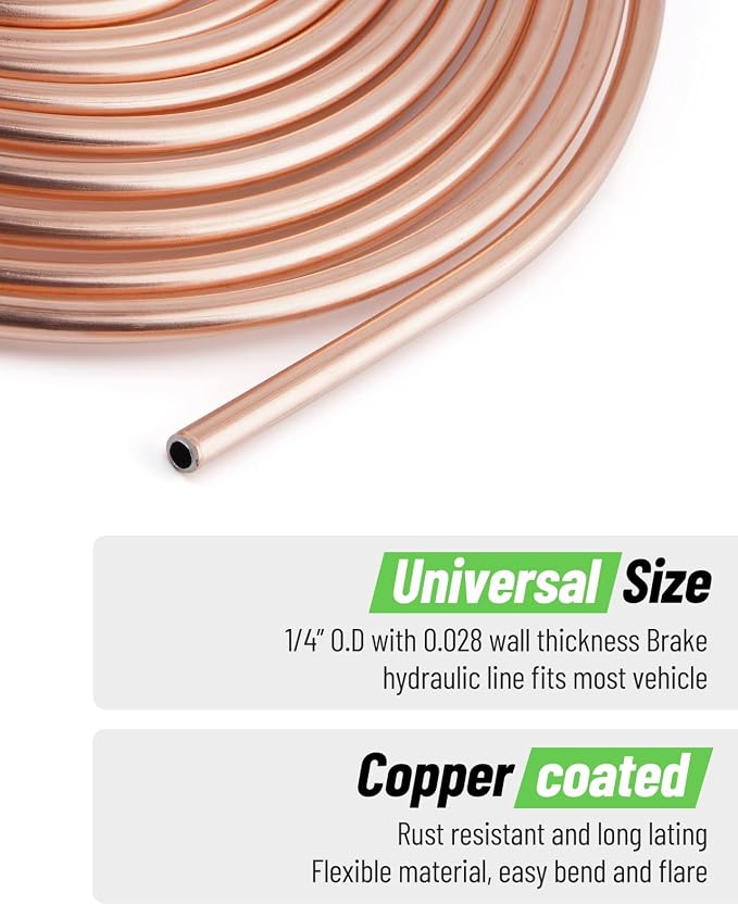 25 ft 1/4" Copper Coated Brake Line Kit (Includes 16 Fittings and 4 Unions Brake Line Fittings) + Brake Line Double & Single Flaring Tool Kit | Includes 16 Fittings, 4 Unions, Double & Single Flaring Tool For Automotive Brake Line System Transmission H...