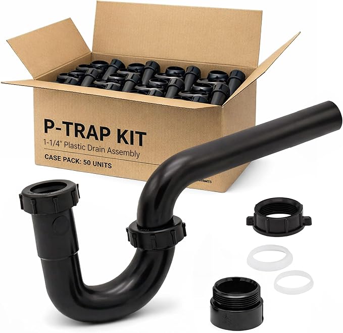 50 Pack 1-1/4 Inch P-Trap Kit, Polypropylene Tubular with ABS Marvel Adapter, Ribbed Threaded Nuts for Strong Leak-Free Connection, Includes J-Bend, Wall Arm & Washers