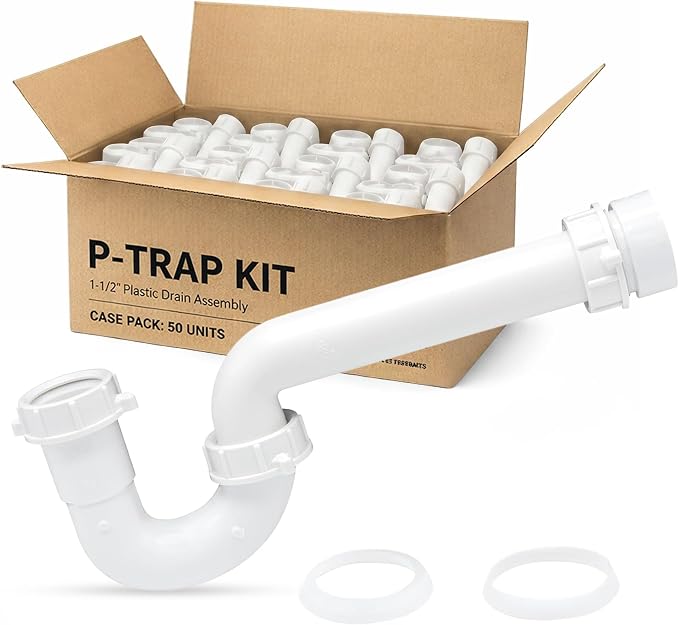 50 Pack 1-1/2 Inch P-Trap Kit, Polypropylene Tubular with PVC Marvel Adapter, Ribbed Threaded Nuts for Strong Leak-Free Connection, Includes J-Bend, Wall Arm & Washers, Made in USA
