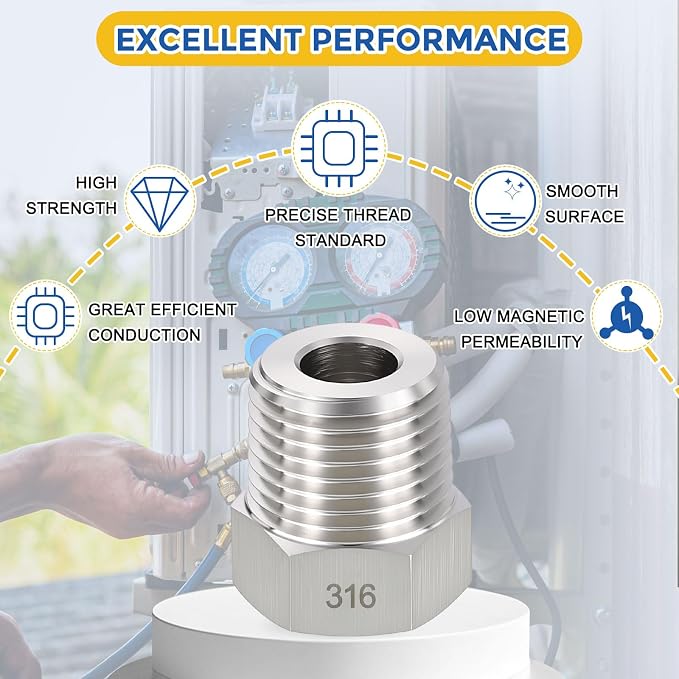 5 Pack SUS316 1/2" Male NPT to 3/8" FeMale NPT Hex Bushing Reducer | 316 Stainless Steel Pipe Fittings, Hose Tube Threaded Adapters with Sealing Tape for Air, Oil, LP, Gas, Fuel, Water