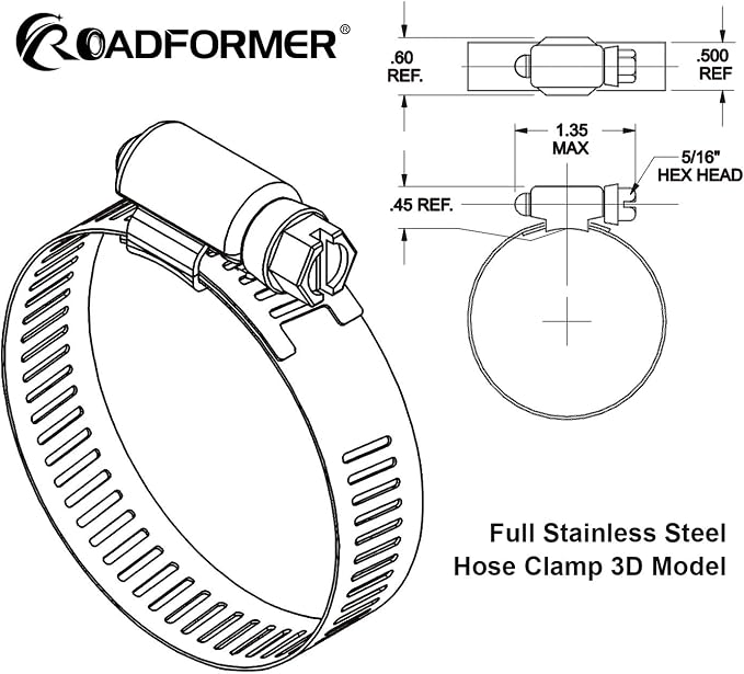 1.25 inch Hose Clamp Full Stainless Steel Worm Gear: 21mm - 44mm, 10 Pack | ROADFORMER 1.25 hose clamp SAE 20 Size, 1/2" Band Width, smoothly install and precisely fit hose & pipe size