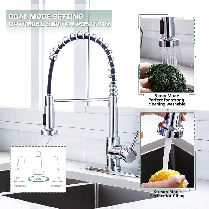 WEWE Pull-Down Kitchen Faucet, 2-Mode Sprayer, Polished Chrome, High Arc