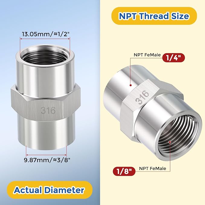 5Pack 1/4" FeMale NPT to 1/8" FeMale NPT 316 Stainless Steel Coupling | 316 Stainless Steel Pipe Fittings, Coupler Hex Head Connector with Sealing Tape for Air, Oil, LP, Gas, Fuel, Water