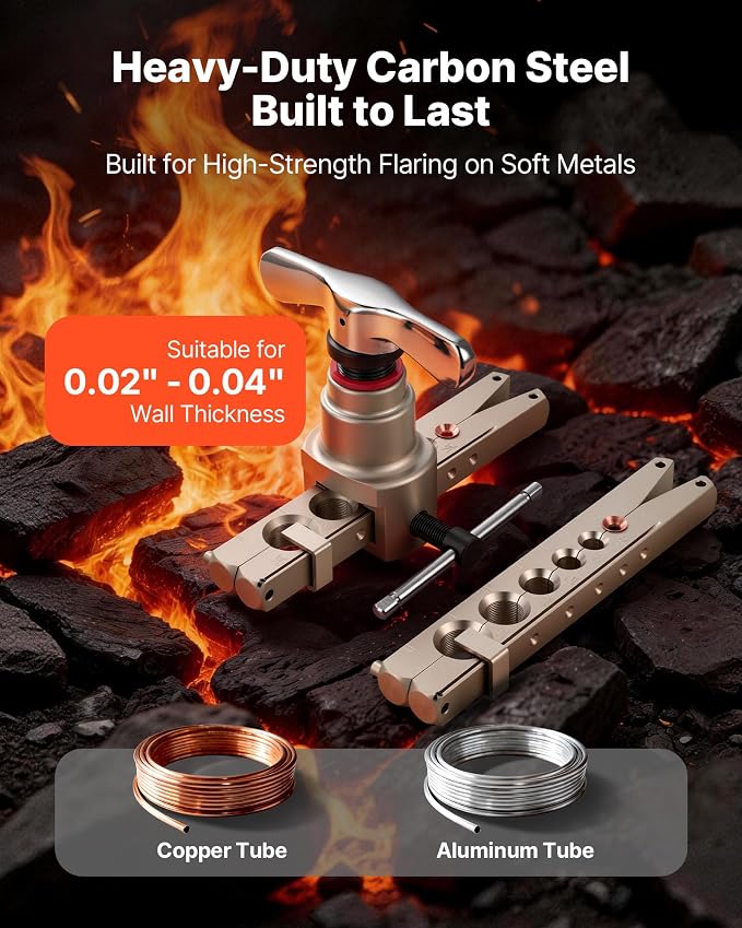 VEVOR Flaring Tool HVAC, 45° Eccentric Single Flaring Tool for 1/4"-3/4" & 6-19mm Copper Aluminum Tubes - with Metric & SAE Clamps, Tube Cutter & Toolbox for Refrigeration Air Conditioner Repair