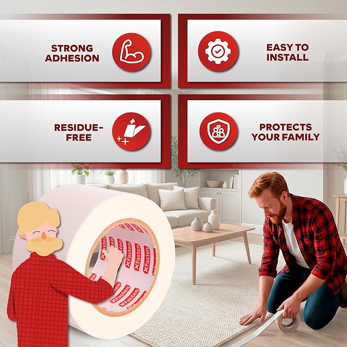 XFasten Double-Sided Carpet Tape for Area Rugs, 2 Inch x 60 Yards (180 Ft), Heavy Duty Grippy Residue-Free Silicone Adhesive Keeps Rugs in Place on Hardwood, Laminate and Tile Floors