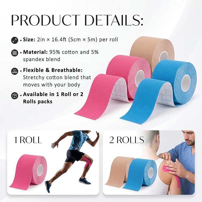 Kinesiology Athletic Tape Roll Sports Kinesio Tape for Skin Uncut | Muscle and Joint Tape Support Recovery for Knees Shoulder Elbow Ankle Neck Body Breathable Waterproof 2Inch x 16.4Ft,Hot Pink