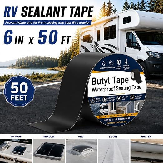 Butyl Sealant Waterproof Tape 6''×50', Black Weather-Resistant Deck Joist Tape, RV Repair Sealant Tape for RV Repair, Window, Boat Sealing, Truck Stop Camper Roof Leaks