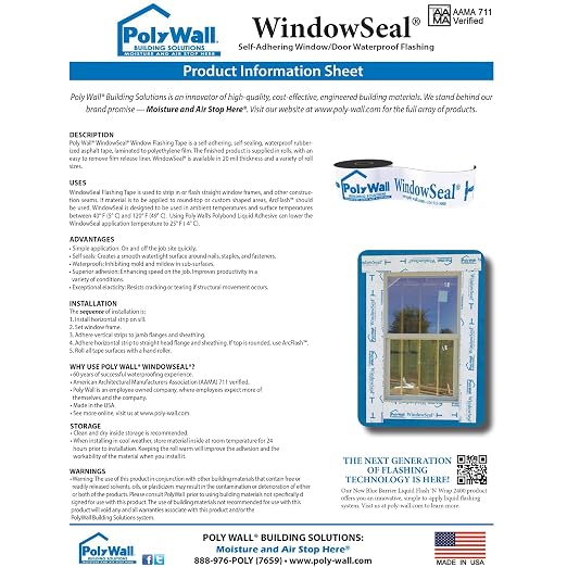 POLYGUARD WindowSeal Window and Door Flashing Tape, 4 in x 100 ft Roll, 20 mil Thick, Self-Sealing & Self-Adhering Waterproof Barrier, Pack of 4