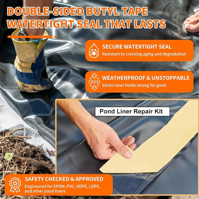 Pond Liner Seam Tape, 3" x 30' Double Sided Butyl Pond Liner Tape, Waterproof Seam Tape for EPDM Pond Liner, Self Adhesive Patch Repair Tape for Outdoor Garden Ponds and Fish Ponds (1pcs)