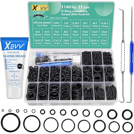 XBVV 1140 Pcs 21 Size Faucet O-Ring Assortment Kit with Food Grade Silicone Grease Lubricating for Pressure Washer Rubber Oring Plumbers Seal Repair