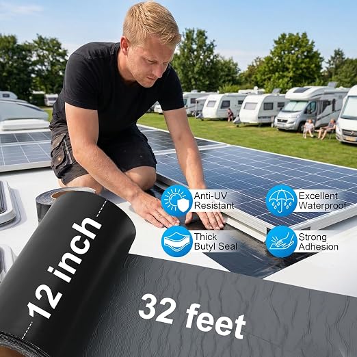 45 mil EPDM Rubber Butyl Sealant Tape - 12 Inches X 32 Feet - Black RV Roof Seal Repair Tape - Self Adhesive Weatherproof Sealing Membrane for RVs, Roofs, Windows, Joints, Vents and Crawl Spaces